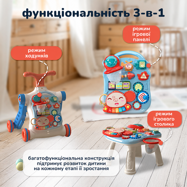 Многофункциональный ходунок-игровой центр 3в1, каталка для детей от 9 мес до 5 лет 4014348 фото