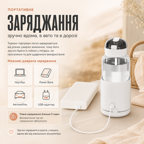 Портативный термос, подогреватель бутылочек LELIK Thermo Sip аккумуляторный, молочный 4013884 фото