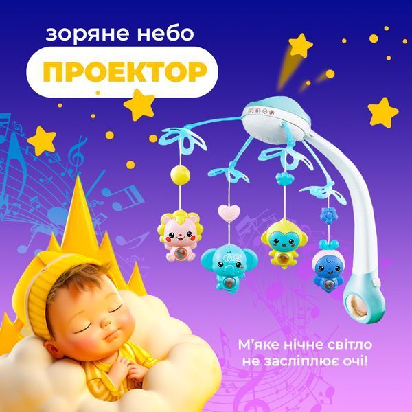 Мобиль детский на кроватку аккумуляторный с проектором NeoBaby, музыкальная детская карусель 3 в 1 для кроватки, голубой 4013549 фото