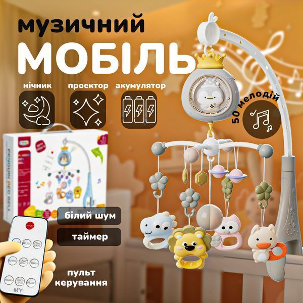 Музичний мобіль на ліжечко акумуляторний із проекцією веселих тварин Sleepy Pingvi нічник, проектор і мобіль із пультом, бежевий 4014263 фото