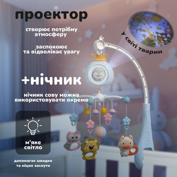 Музичний мобіль на ліжечко акумуляторний із проекцією веселих тварин Sleepy Pingvi нічник, проектор і мобіль із пультом, бежевий 4014263 фото