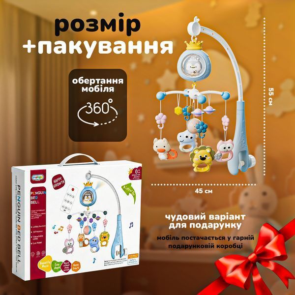 Музичний мобіль на ліжечко акумуляторний із проекцією веселих тварин Sleepy Pingvi нічник, проектор і мобіль із пультом, бежевий 4014263 фото