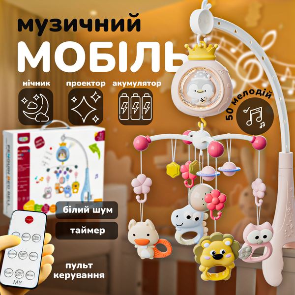 Музичний мобіль на ліжечко акумуляторний із проекцією веселих тварин Sleepy Pingvi нічник, проектор і мобіль із пультом, рожевий 4014263 фото