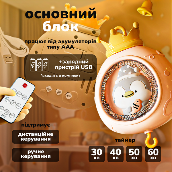 Музичний мобіль на ліжечко акумуляторний із проекцією веселих тварин Sleepy Pingvi нічник, проектор і мобіль із пультом, рожевий 4014263 фото