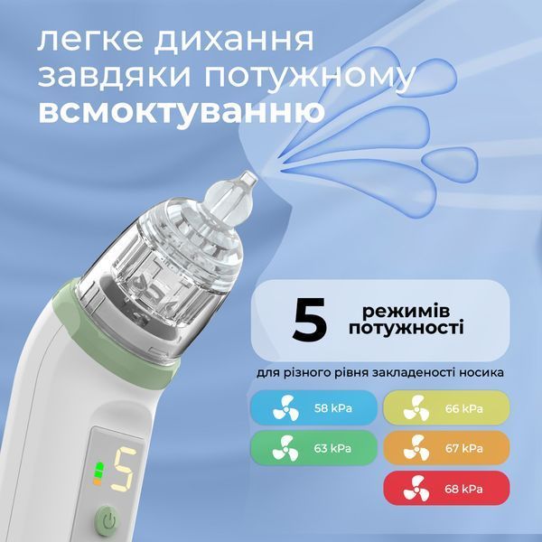 Мощный электрический аспиратор LELIK&trade; Aero MAX, аккумуляторный назальный соплеотсос с 5 уровнями мощности, зеленый 4013730 фото