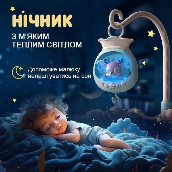 Мобіль дитячий на ліжечко акумуляторний з проектром, музична карусель на ліжечко Jungle Melody, рожевий 4013761 фото