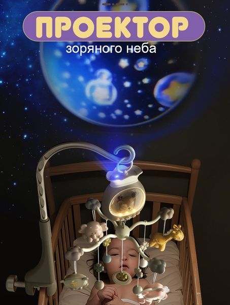 Мобіль дитячий на ліжечко акумуляторний з проектром, музична карусель на ліжечко Jungle Melody, блакитний 4013761 фото